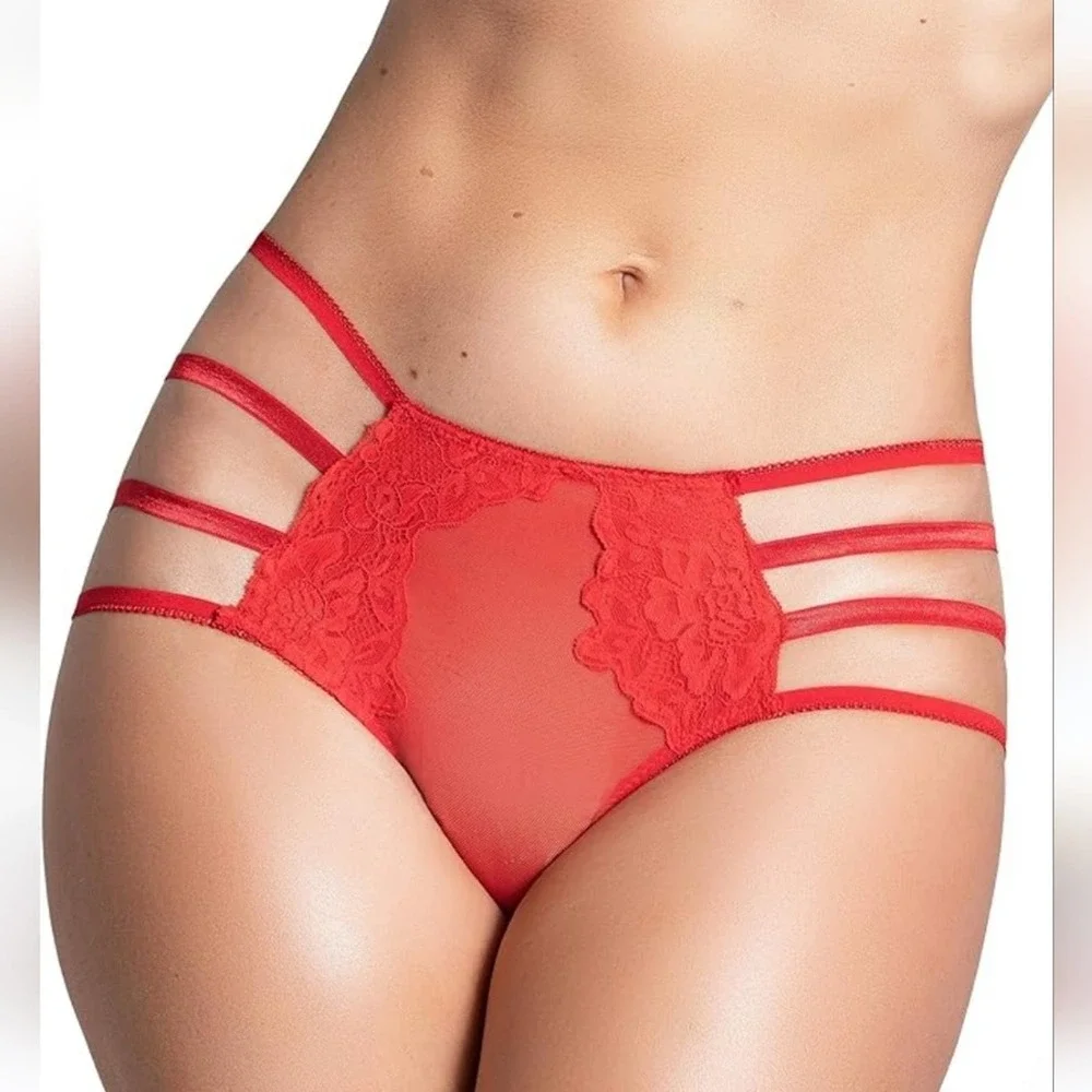 Yandy Red Applique Mesh Panty With Strappy Sides and Cheeky Cut Back Size S